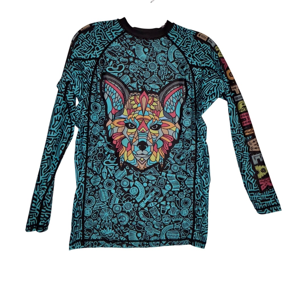 ZENKO FIGHTWEAR Long Sleeve Rash Guard Teal Fox Geometric Print Women's Size S‎